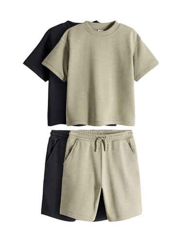 THE SET Jungen Kurzarm-T-Shirts und Shorts aus Baumwolljersey, 2er-Pack Navy/Khaki 158
