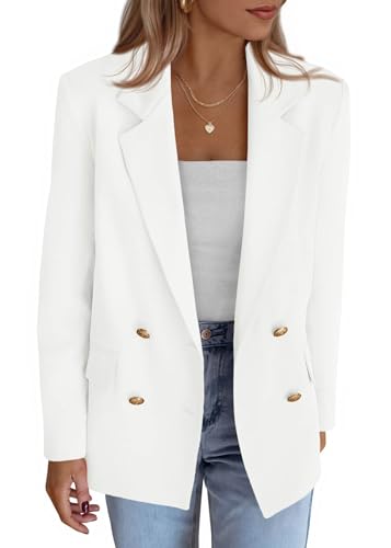KIRUNDO Blazers for Women Business Casual 2025 Fall Long Sleeve Double Breasted Open Front Work Suit Jackets with Pockets(White, X-Large)