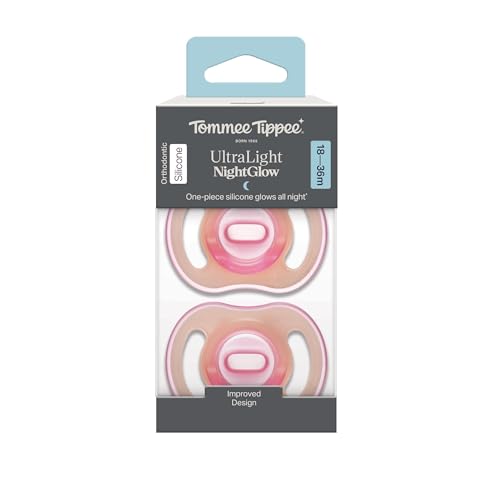 Tommee Tippee Ultra-Light StayPut Night Glow Soother, 18-36m, 2 Pack, Soft Skin Feel, Extra Air Flow