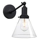 PERMO Industrial Vintage Slope Pole Wall Mount Single Sconce with Funnel Flared Clear Glass Shade Wall Sconce Light Lamp Fixture (Matte Black)