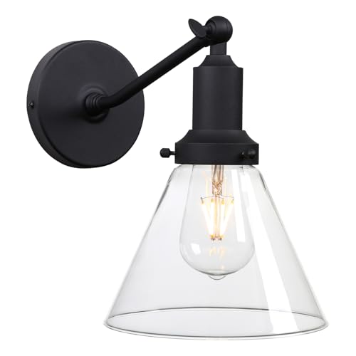 Image of PERMO Industrial Vintage Slope Pole Wall Mount Single Sconce with Funnel Flared Clear Glass Shade Wall Sconce Light Lamp Fixture (Matte Black)