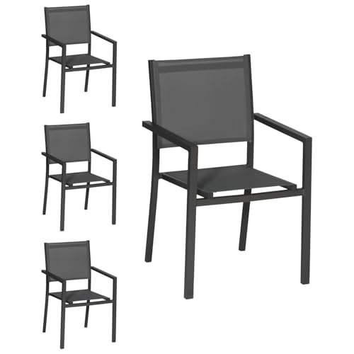 Happy Garden Lot de 4 chaises empilables en Aluminium Anthracite et textilène Gris