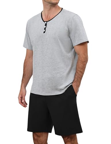 Reviews de Ropa de dormir para Hombre que Puedes Comprar On-line. 49 SelWatty Pijama para Hombre, Pijama de Algodon Manga Corta y Pantalones Cortos, Pijamas de Dos Piezas con Cordón Ajustable, Cuello en V Ropa de Dormir Hombre, S-XXL