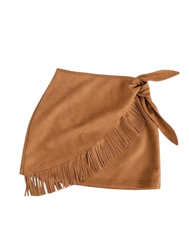 MakeMeChic Women's Faux Suede Mini Skirt Wrap Asymmetrical Knot Side Fringe Bodycon Skirts Brown Medium