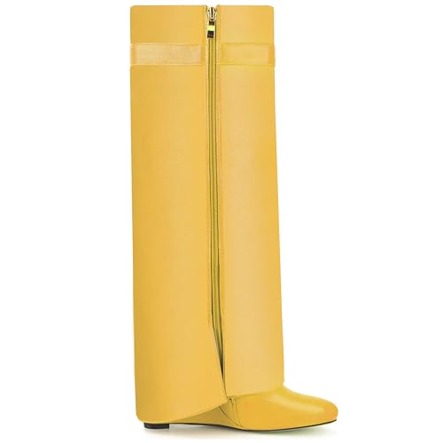 Image of Fold Over Boots for Women Pointy Pull-on Wedge Heel Knee Shark Boot With Side Zipper Padlock Design