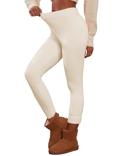 Famulily Women's Thermal Slim Fleece Lined Tights Leggings Ultra Soft Winter Thick Sweater Pants Beige XL/XXL