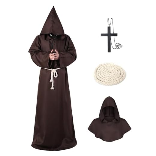 MEIRRAI Disfraz de Monje Sacerdote, Disfraz Cura Túnica Medieval Traje con Capucha con Collar de Cruz y Cinturón,Santo de Cosplay Carnaval(Marrón, XL)