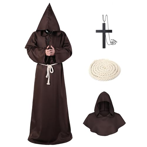 Disfarce de monge sacerdote, túnica medieval homem fato com capuz, com colar de cruz e cinto, santo de cosplay adulto festas carnaval (castanho, XXL)