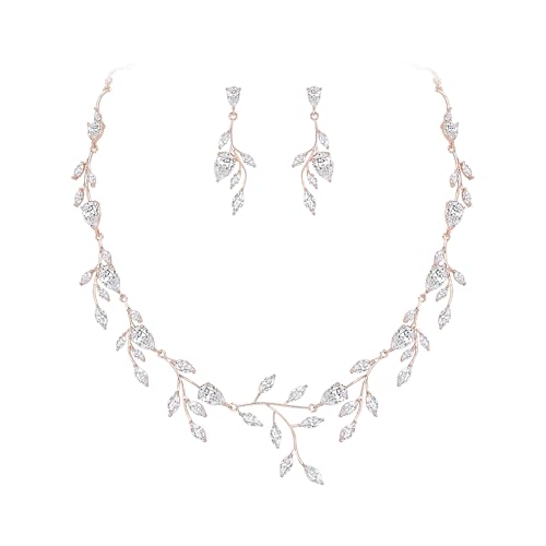 EVER FAITH Wedding Jewelry for Bride Women Bridesmaid, Sparkly White Cubic Zirconia Pear-Shaped Birthstone Leaf Necklace Earrings Set for Prom Rose Gold-Plated-Brass