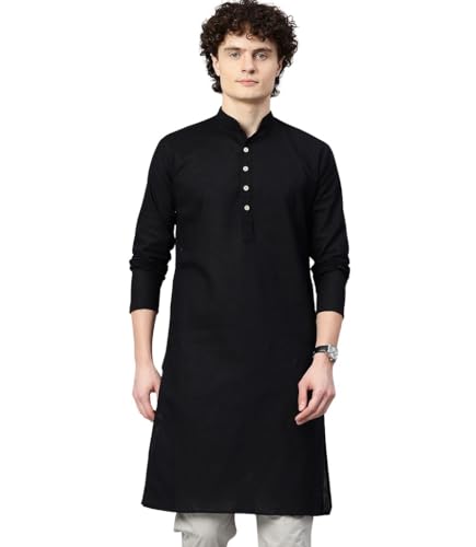 Image of Majestic Man Men's Cotton Regular Fit Casual Mandarin Collar Ethnic Motifs Solid Long Kurta