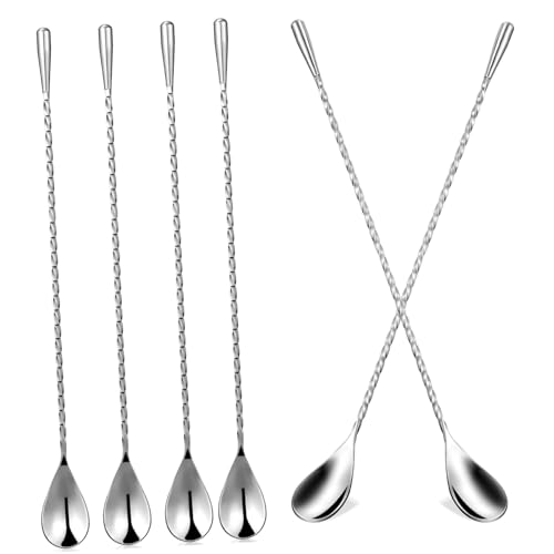 BAZEITFLOW 6 pièces Lot de Cuillères à Cocktail Acier Inoxydable Cuillères à Bar à Long Manche Spiralées Agitateur et Facile à Nettoyer pour Bar et