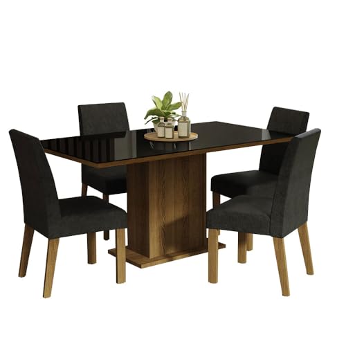 Image of Madesa 4 Seater Dining Set Rectangular Glass Table Top Sturdy Wooden with Fully Cushioned Seats 160 Cm for Dining Room and Kitchen - Brown /Black