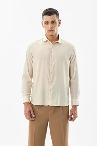 Image of SNITCH Men Casual Shirt | Regular Fit Full Sleeve Spread Collar Solid Design | Premium Polyester Viscose Blend & Lightweight Fabric for Office & Outings