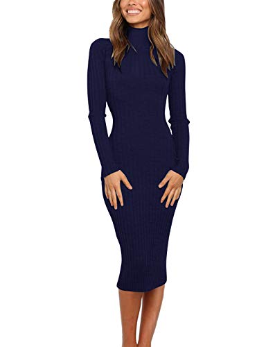Image of MEROKEETY Women's Ribbed Long Sleeve Sweater Dress High Neck Slim Fit Knitted Midi Dress