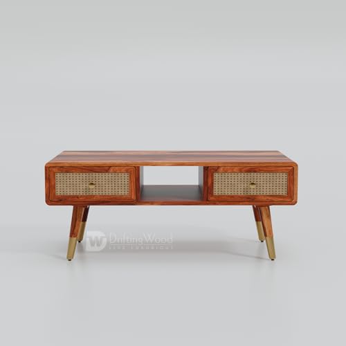 Image of DRIFTINGWOOD Amber Solid Sheesham Wood Coffee Table (100x50x43 cm) | Center Table with 2 Rattan Drawers, Open Storage | Honey Finish