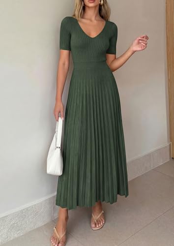 Image of PRETTYGARDEN Women's 2026 Spring Midi Sweater Dresses Elegant Pleated Ribbed Knit Short Sleeve V Neck A Line Summer Outfits