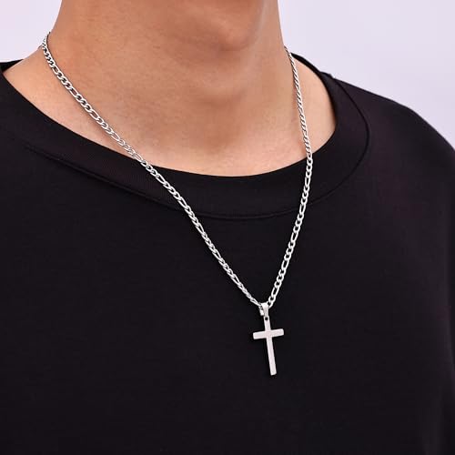 Fiusem Silver Tone Cross Necklace for Men, Stainless Steel Mens Cross Necklaces with 3.5mm Figaro Chain, Jewelry Gift Pendant Chain 16-24 Inches3