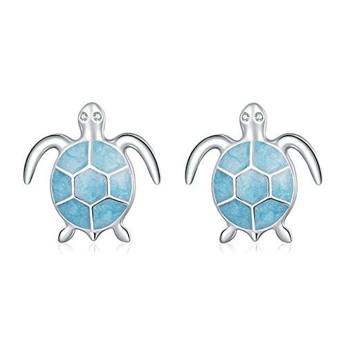 Pendientes de botón de tortuga azul de plata de ley 925 con esmalte y dibujos animados de animales para mujer, joyería de moda