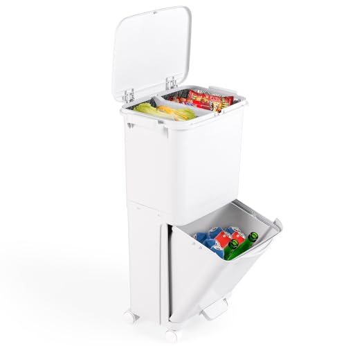 COSTWAY 2 en 1 Papelera de 40 L, Cubo de Basura con Separación Selectiva de 2 Niveles, con Cubo Inferior Inclinable, Ruedas Bloqueables, Pegatinas para Reciclaje, Papelera de Plástico para Cocina