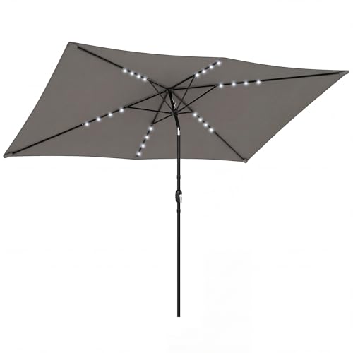 Outsunny 3 x 2 m Garden Parasol Umbrella with LED Solar Light, Parasol Cover, Outdoor Table Market Patio Umbrella Sun Shade with Tilt and Crank, Vent, Dark Grey
