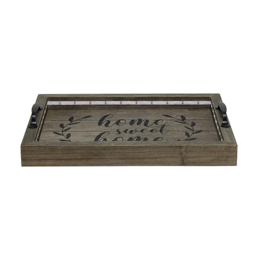 Elegant Designs HG2032-RGS Salento Farmhouse Rectangular Decorative LED Light Up Wooden Serving Tray w Metal Handles & Home Sweet Home in Black for Décor, Centerpiece, Breakfast, Bar, Rustic Gray