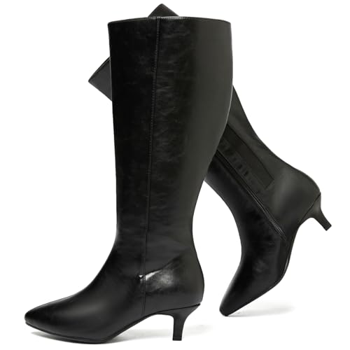 Women's Extra Wide Calf Knee High Boots, True Wide Width Long Slouchy Boots for Ladies, Low Flat Heel Casual Combat Tall Boots for Women. 7 X-Wide Black Pu 371