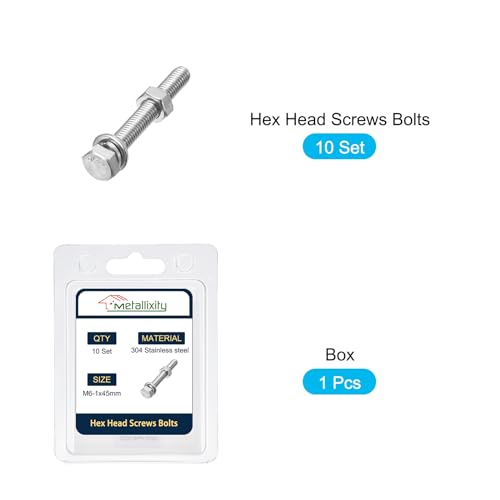 Image of METALLIXITY Hex Head Screws Bolts, Nuts, Flat & Lock Washers Kits (M6-1x45mm) 10 Set, Stainless Steel Fully Threaded Machine Screws Bolt Set - for Home Appliance Equipment