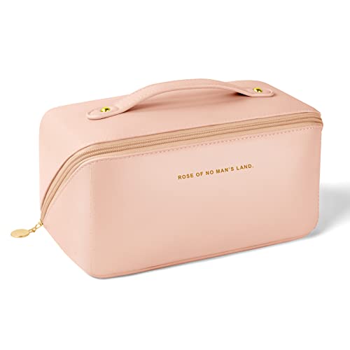 Aucuu Bolsa de Cosméticos de Viaje de Gran Capacidad, Bolsa de Maquillaje de PU, Bolsa de Lavado de Viaje Multifuncional y Portátil de Viaje con Asa y Cremallera, para Viajes, Baño-Rosa Claro