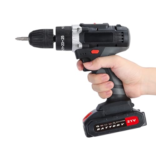 RFEGJVII Destornillador de impacto, kit de taladro inalámbrico de 21 V con 2 baterías de 1,5 Ah, taladro eléctrico inalámbrico sin escobillas con juego de brocas, negro