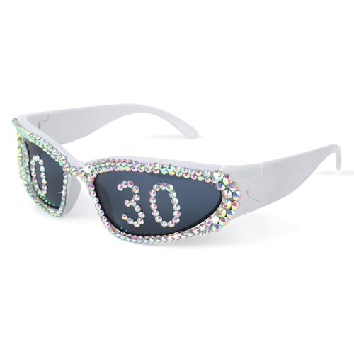 Birthday Glasses for Women, Silver Crystal Y2K Rave Glasses Wrap Around Party Sunglasses Oval Fashion Trendy Cool