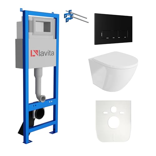 Lavita LAV 101 Vorwandelement für WC 40cm + Wand Hänge Tiefspül WC SOFI Weiß Spülrandlos + Bedienplatte LAV 200.3.4 Schwarz | Komplettset | Unterputz Spülkasten | Toilette Komplett Sett