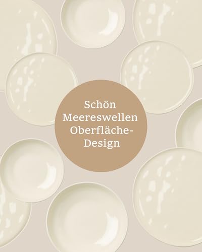 GBhome Steingut Geschirrset 6 Personen, 24-tlg Reaktive Glasur Handarbeit Geschirr Set, Mikrowellen- & Spülmaschinenfest Schüssel- und Teller Set, Gesprenkeltes Beige