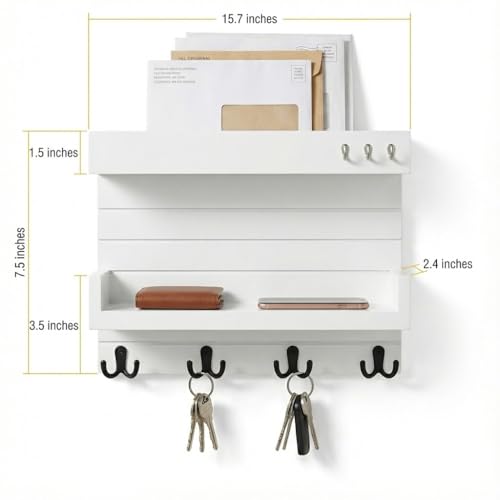 Image of Key Holder for Wall Decorative, Wooden Key Rack Mail Sorter Organizer, Double Shelf Key Hanger Mail Key Organizer, Rustic Home Decor for Entryway Hallway (White)