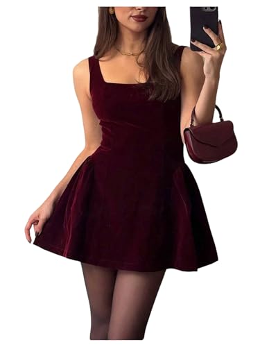 SOLY HUX Womens Sleeveless Square Neck Velvet Dress Elegant Cocktail Evening Mini Dresses Pure Burgundy Large