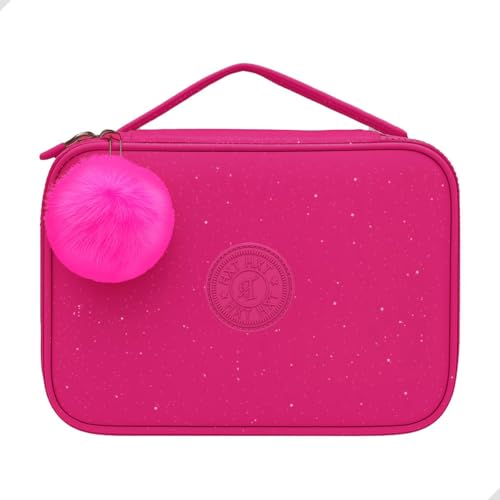Estojo Escolar Box Grande, com Pompom, Glitter, Alça e Zíper, 29 Elásticos para canetas, lapiseiras ou lápis | Volta as Aulas, Material Escolar, Papelaria Fofa Criativa 23x15cm (Pink)