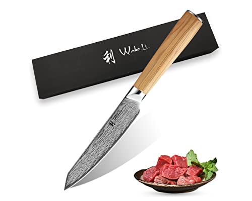 Wakoli Oribu - Cuchillo Multiusos 11,50 Cm, Hoja Muy Afilada, De 67 Capas, Cuchillo De Cocina Damasco Y Cuchillo Profesional De Acero De Damasco Japonés Auténtico Con Mango De Madera De Olivo Wakoli Oribu - Cuchillo Multiusos 11,50 Cm, Hoja Muy Afilada, De 67 Capas, Cuchillo De Cocina Damasco Y Cuchillo Profesional De Acero De Damasco Japonés Auténtico Con Mango De Madera De Olivo