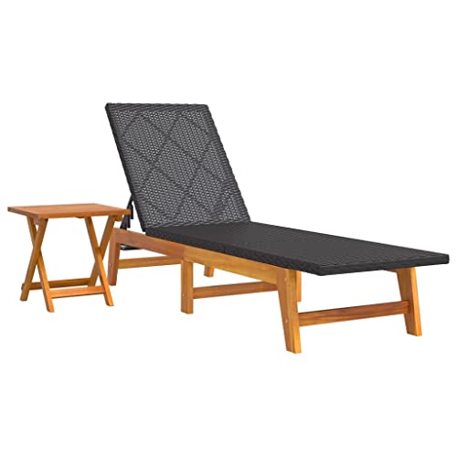 Chaise longue d'extérieur inclinable en acacia et polyrotin avec table