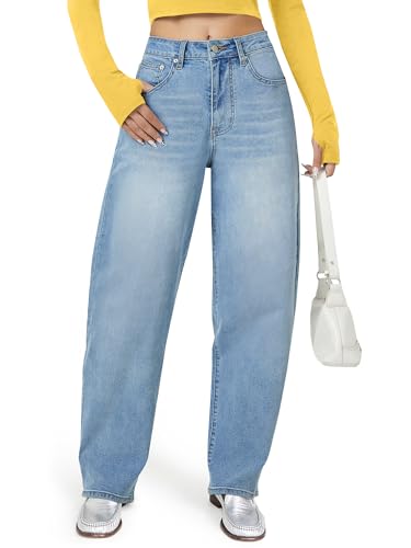 AUWUKA Barrel Jeans for Women, High Waisted Wide Straight Leg Boyfriend Microelastic Womens Mom Jeans Blue