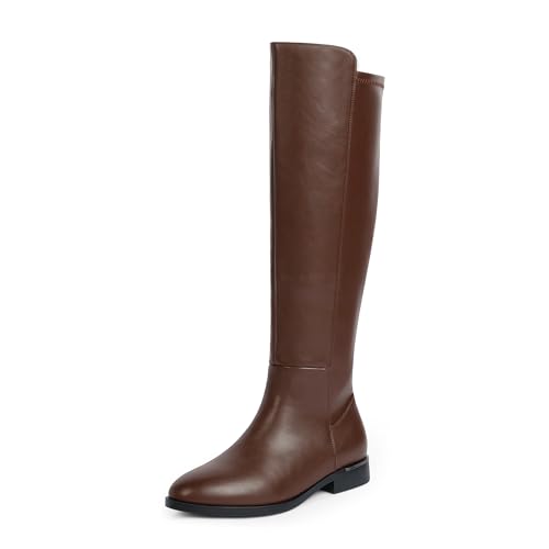 Modatope Womens Knee High Boots Brown Flat Rounded Toe Riding Boots Women Low Chunky Block Heel Fall Winter Boot 2025 with Side Zipper Size 7.5