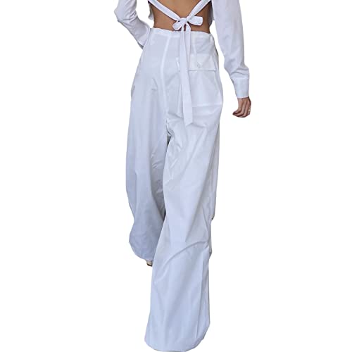Yahuiul Parachute Pants For Women, Cargo Pants Women Baggy Low Waist Zipper Baggy Jogger Relaxed Y2K Pants White S #TOP1