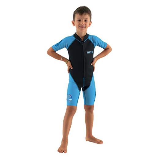 SEAC Unisex Youth Dolphin, Shorty Wetsuit Kids in a 1,5mm Neoprene Lycra for Swimming, Snorkelling and Playing in The Water, Black/Light Blue, 9 Years