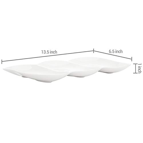 Mygift Set Of 2 White Ceramic Relish Tray Appetizer Serving Platter With Wave Design, Divided Snack Tray, Charcuterie, Food, Dessert Platters, 13.5 X 6.5 Inch #TOP4