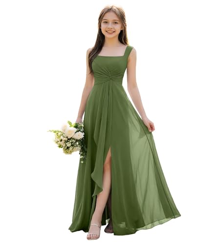 FLwuhui Olive Green Junior Bridesmaid Dresses Chiffon Flower Girl Dresses Pleat Wedding Party Pageant Gown US12