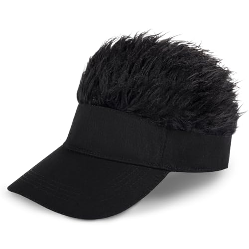 Regilt Adjustable Sun Visor Hat with Wig Spiked Hairs Fashion Baseball Golf Cap for Men & Women (Black+Black Hair)
