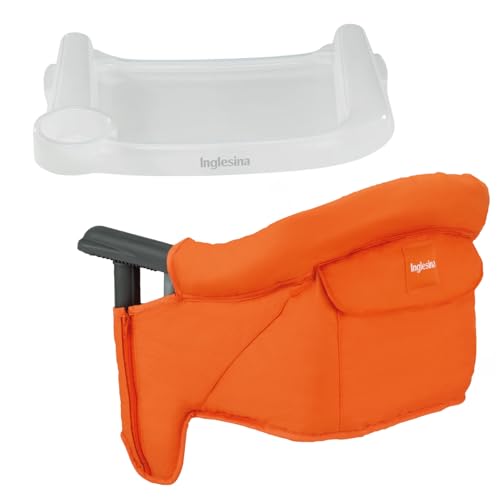 Image of Inglesina Fast Table Chair - Orange + Fast Dining Tray - Portable Baby High Chair - for Babies & Toddlers up to 37 lbs - Fits Tables 0.8'' to 3.5'' Thick - Compact & Easy to Use - Travel Bag Included