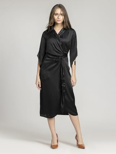 Image of SHAYE Lapel Collar Black Sequinned Short Sleeves Party Wrap Dress for Women
