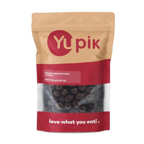 Yupik 45% Dark Chocolate & Coconut Coated Almonds, 2.2 lb (35.2 oz), Gluten-Free, Kosher, Whole Roasted Nuts, Crunchy Almonds Dipped in Chocolate and Coconut Coating, Chocolate Candy, Sweet Snacks