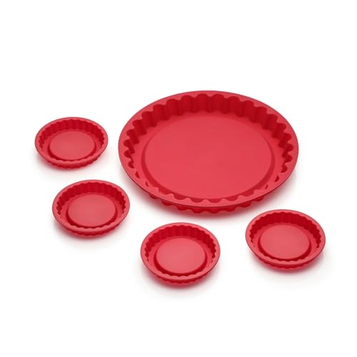 Coolinato - Silikon Backform Tarteform 5er Set Rot - Für Tarte, Kuchenböden, Obstkuchen & Quiche - Flexible Tortenbodenform 31 cm & 4x12 cm backofenfest bis 230°C & antihaft inkl. tollen 4 Rezepten