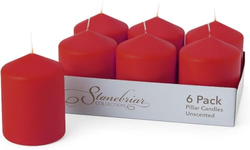 Image of Stonebriar Unscented Pillar Candles - 35 Hour Burn Time, Long-Lasting Wax Candles for Weddings, Holidays, Home Decor & Special Events, Pack of 6, Red, 3 inch x 4 inch