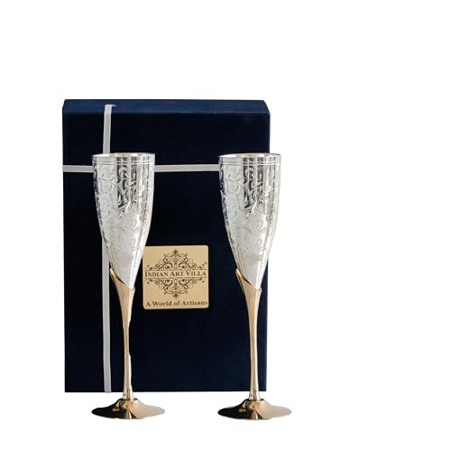 INDIAN ART VILLA Silver Plated Goblet Flute Wine Glass with Blue Box, Best for Parties, Diwali Gift Item, 100 ML Each, Set of 2
